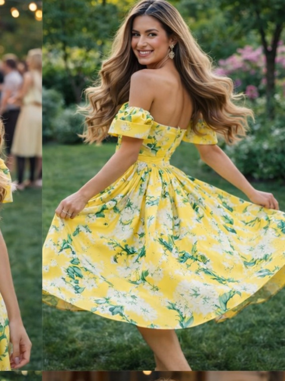 Sunny Yellow Off-Shoulder Floral Midi Dress، rare to find it - Picture 4 of 16
